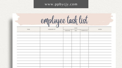 Employee Task List Printable Template – Digital Download for Managing Work Assignments with sections for tasks, deadlines, and priorities.