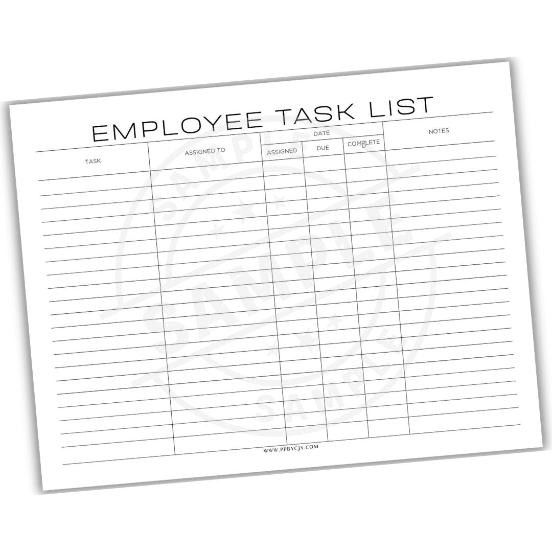 Employee task list sheet with columns for task, assigned to, date, complete, and notes.