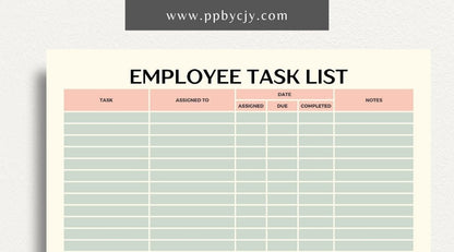 Employee Task List Printable Template – Digital Download for Managing Work Assignments with sections for tasks, deadlines, and priorities.