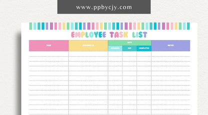 Employee Task List Printable Template – Digital Download for Managing Work Assignments with sections for tasks, deadlines, and priorities.