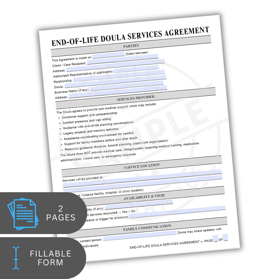 End-of-Life Doula Services Agreement form on a white background