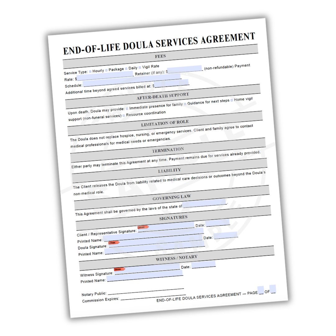 End-of-Life Doula Services Agreement form on a white background