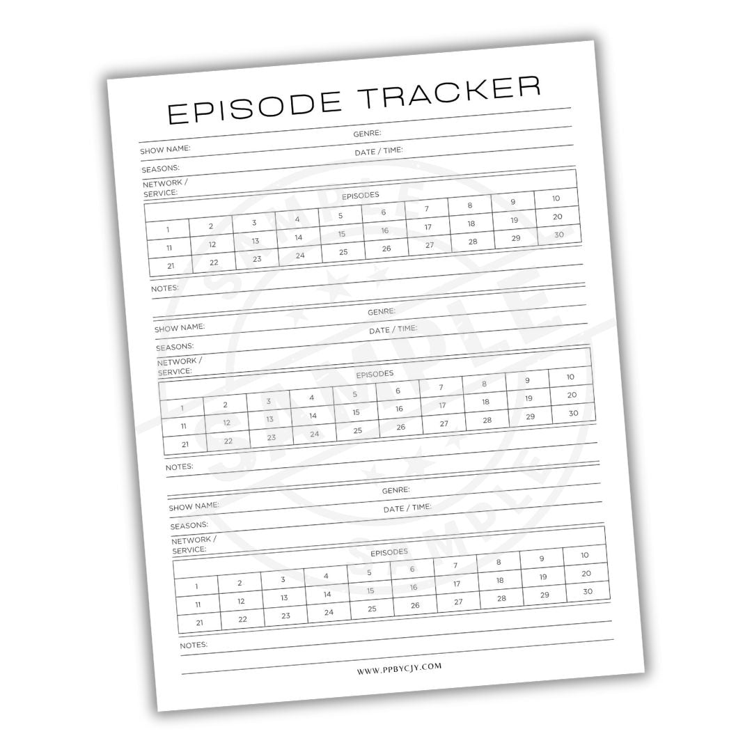 Episode tracker sheet with columns for show name, genre, network/service, date/time, and episodes.