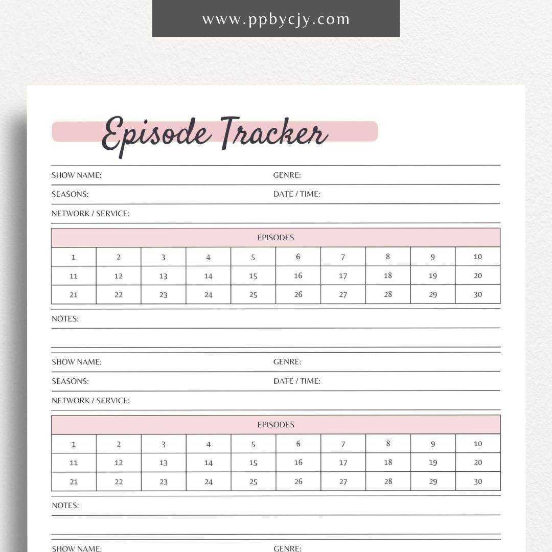 TV Episode Watching Tracker Printable PDF Template