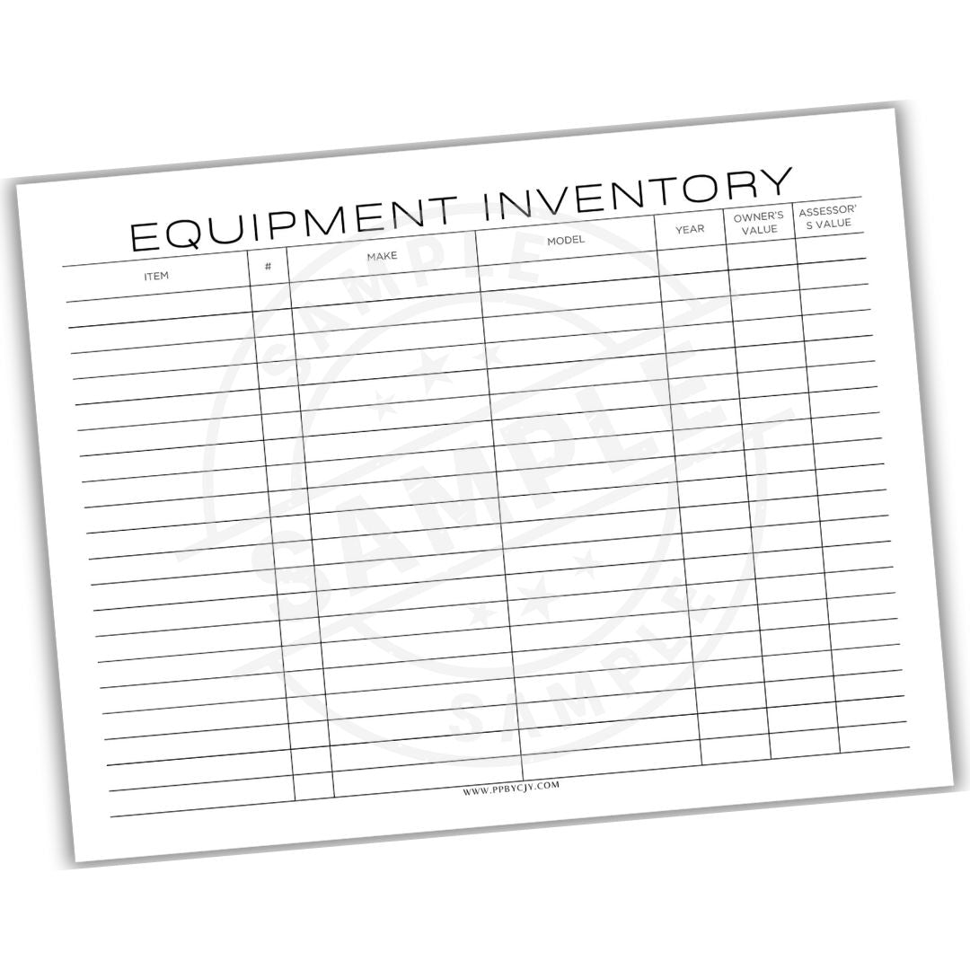 Equipment inventory sheet with columns for item name, model, year, value, and accessories on a white background.