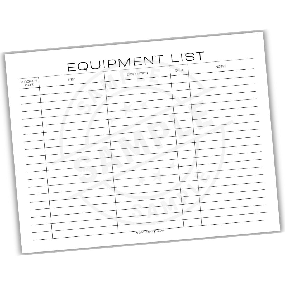 Equipment list form with columns for purchase date, item description, order number, and notes.