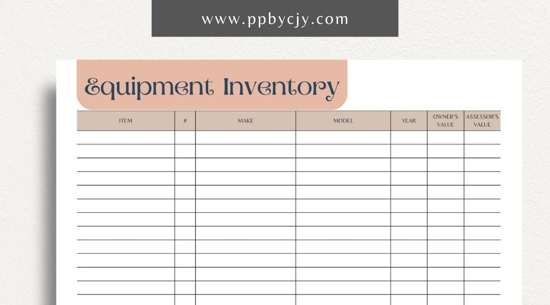 Equipment Inventory Printable Template – Digital Download for Organizing and Tracking Equipment with sections for item details, quantities, locations, and maintenance records.