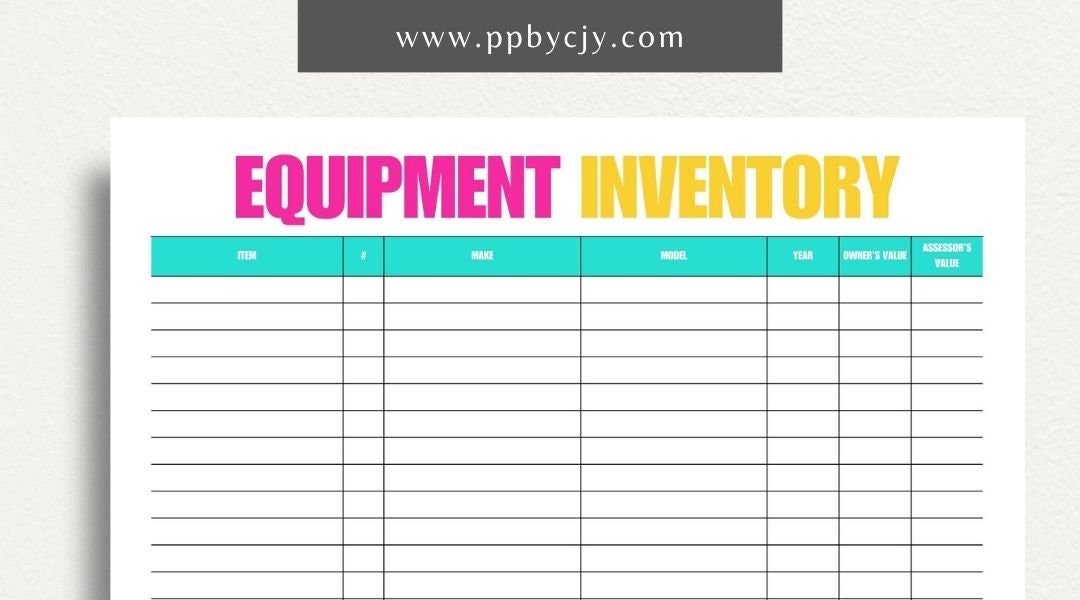 Equipment Inventory Printable Template – Digital Download for Organizing and Tracking Equipment with sections for item details, quantities, locations, and maintenance records.