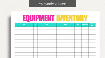 Equipment Inventory Printable Template – Digital Download for Organizing and Tracking Equipment with sections for item details, quantities, locations, and maintenance records.