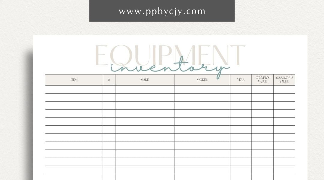 Equipment Inventory Printable Template – Digital Download for Organizing and Tracking Equipment with sections for item details, quantities, locations, and maintenance records.