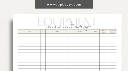 Equipment Inventory Printable Template – Digital Download for Organizing and Tracking Equipment with sections for item details, quantities, locations, and maintenance records.