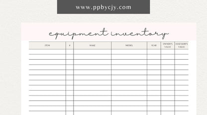 Equipment Inventory Printable Template – Digital Download for Organizing and Tracking Equipment with sections for item details, quantities, locations, and maintenance records.