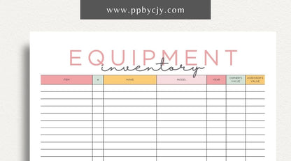 Equipment Inventory Printable Template – Digital Download for Organizing and Tracking Equipment with sections for item details, quantities, locations, and maintenance records.