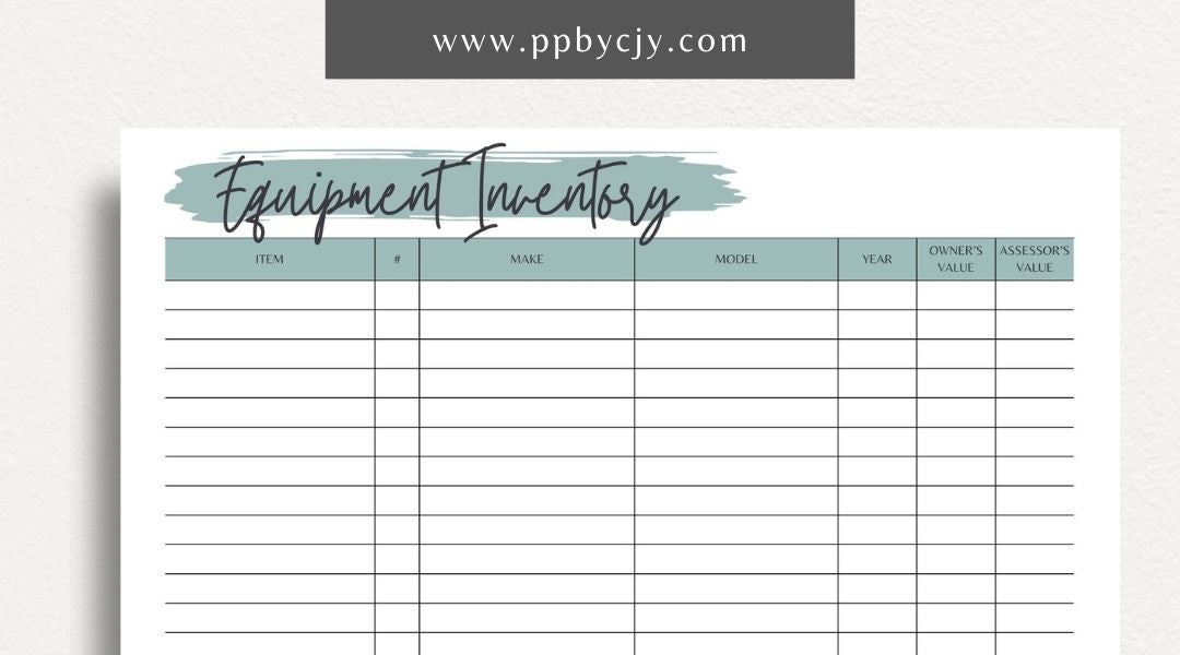 Equipment Inventory Printable Template – Digital Download for Organizing and Tracking Equipment with sections for item details, quantities, locations, and maintenance records.