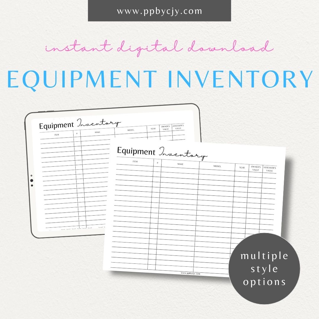 Equipment Inventory Printable Template – Digital Download for Organizing and Tracking Equipment with sections for item details, quantities, locations, and maintenance records.