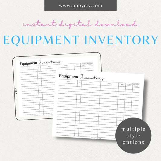 printable template page with columns and rows related to tool and equipment inventory