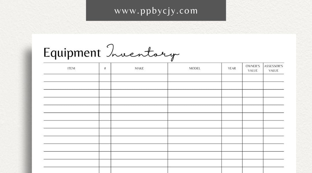 Equipment Inventory Printable Template – Digital Download for Organizing and Tracking Equipment with sections for item details, quantities, locations, and maintenance records.