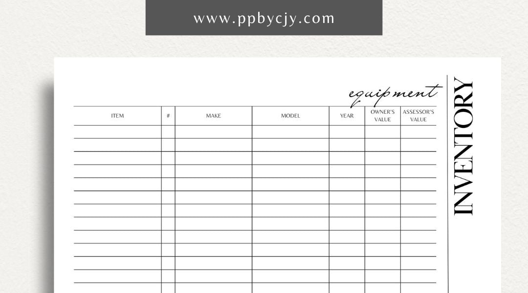 Equipment Inventory Printable Template – Digital Download for Organizing and Tracking Equipment with sections for item details, quantities, locations, and maintenance records.