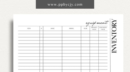 Equipment Inventory Printable Template – Digital Download for Organizing and Tracking Equipment with sections for item details, quantities, locations, and maintenance records.