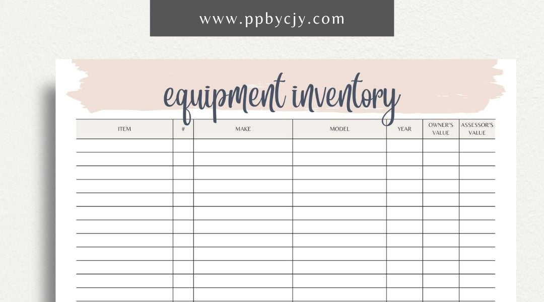 Equipment Inventory Printable Template – Digital Download for Organizing and Tracking Equipment with sections for item details, quantities, locations, and maintenance records.