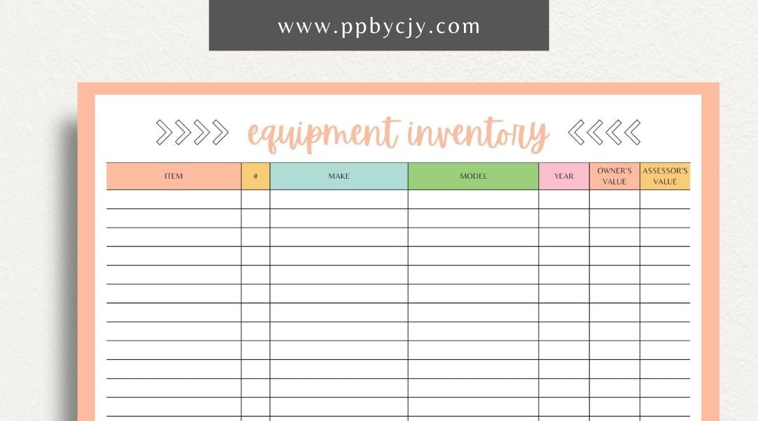 Equipment Inventory Printable Template – Digital Download for Organizing and Tracking Equipment with sections for item details, quantities, locations, and maintenance records.