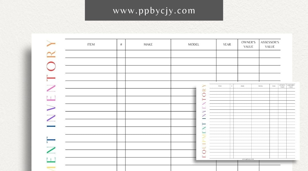 Equipment Inventory Printable Template – Digital Download for Organizing and Tracking Equipment with sections for item details, quantities, locations, and maintenance records.