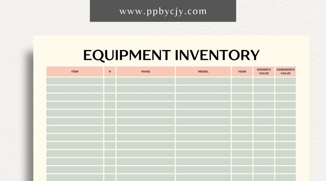 Equipment Inventory Printable Template – Digital Download for Organizing and Tracking Equipment with sections for item details, quantities, locations, and maintenance records.