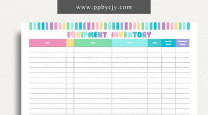 Equipment Inventory Printable Template – Digital Download for Organizing and Tracking Equipment with sections for item details, quantities, locations, and maintenance records.