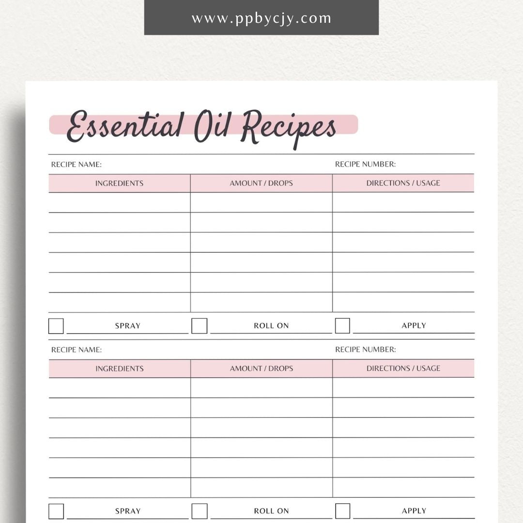 Essential Oils Recipes Printable PDF Template