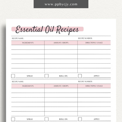 Essential Oils Recipes Printable PDF Template