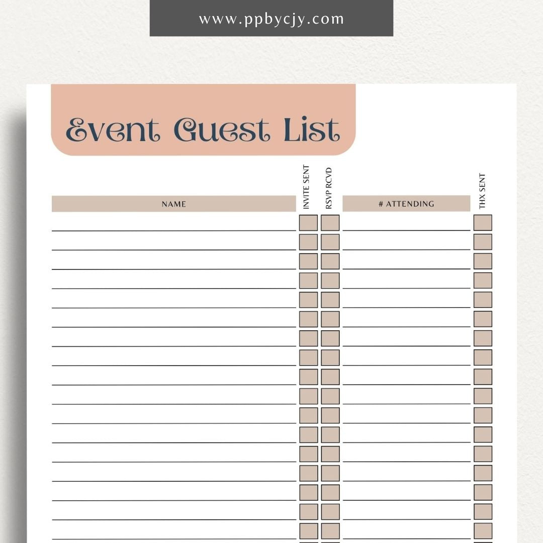 Event Guest RSVP List Printable Template – Digital Download for Tracking Guest Responses with sections for names, contact information, RSVP status, and special requests.