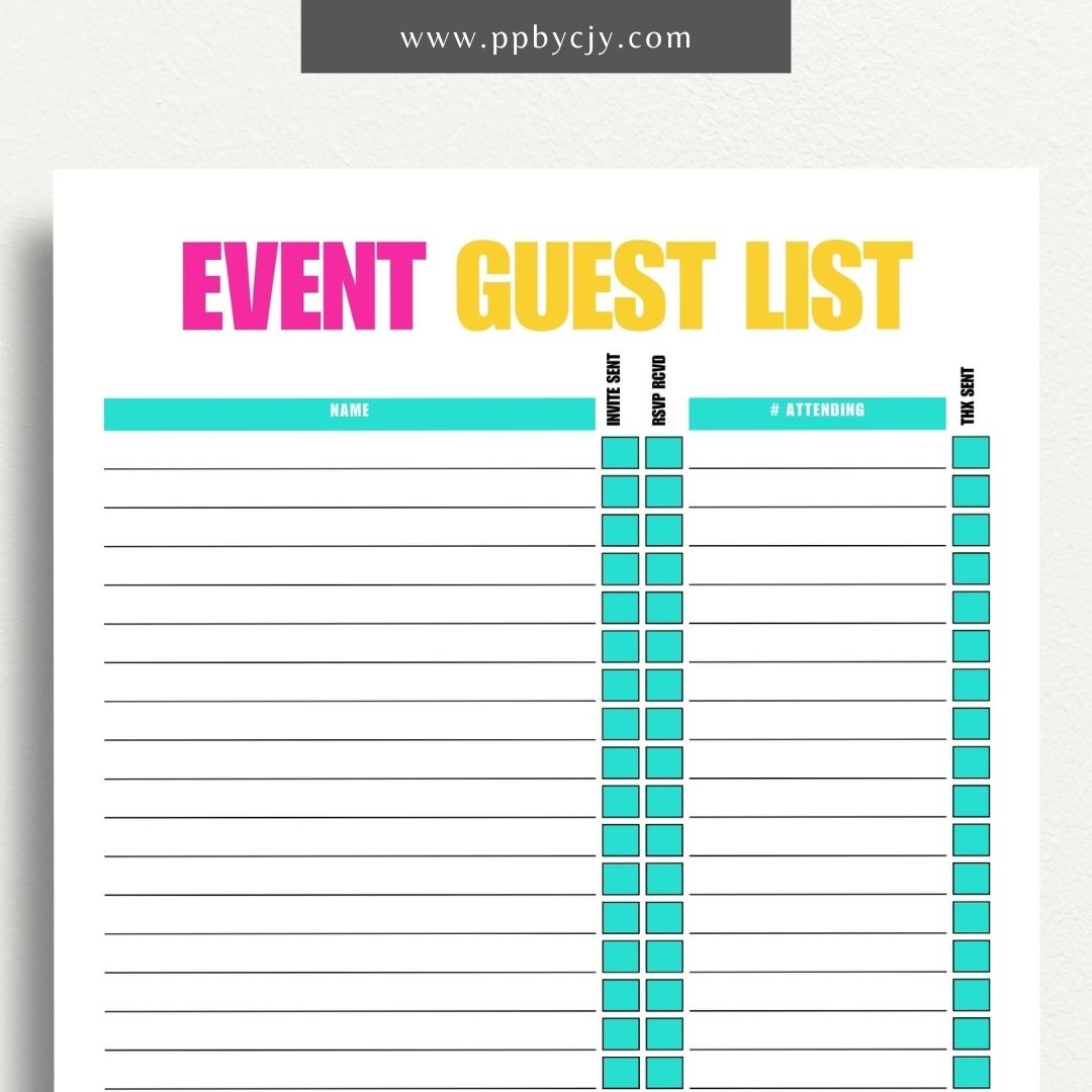 Event Guest RSVP List Printable Template – Digital Download for Tracking Guest Responses with sections for names, contact information, RSVP status, and special requests.