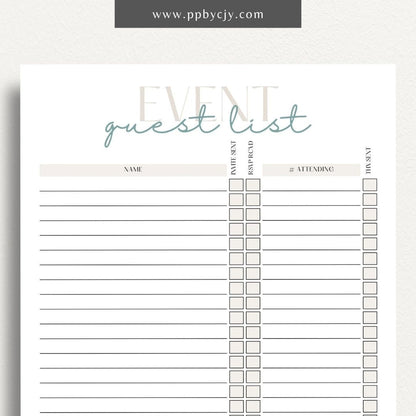 Event Guest RSVP List Printable Template – Digital Download for Tracking Guest Responses with sections for names, contact information, RSVP status, and special requests.