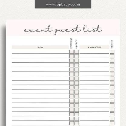 Event Guest RSVP List Printable Template – Digital Download for Tracking Guest Responses with sections for names, contact information, RSVP status, and special requests.