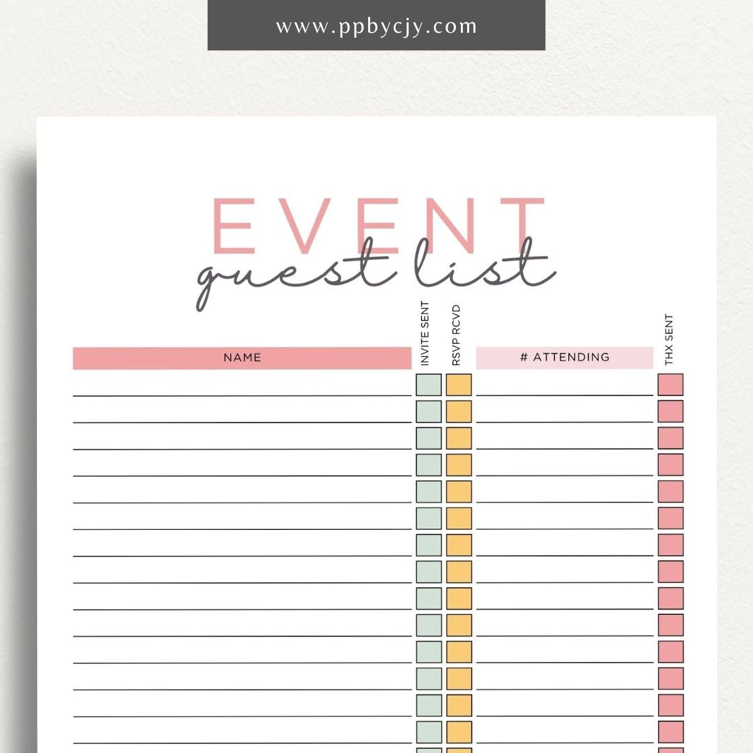 Event Guest RSVP List Printable Template – Digital Download for Tracking Guest Responses with sections for names, contact information, RSVP status, and special requests.