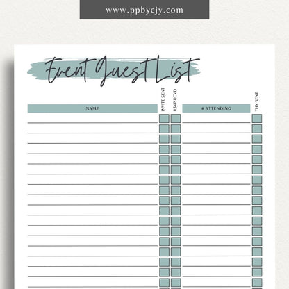 Event Guest RSVP List Printable Template – Digital Download for Tracking Guest Responses with sections for names, contact information, RSVP status, and special requests.