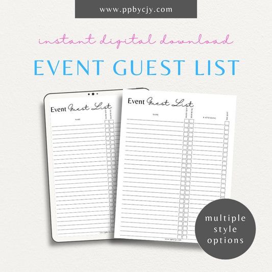 Event Guest RSVP List Printable Template – Digital Download for Tracking Guest Responses with sections for names, contact information, RSVP status, and special requests.