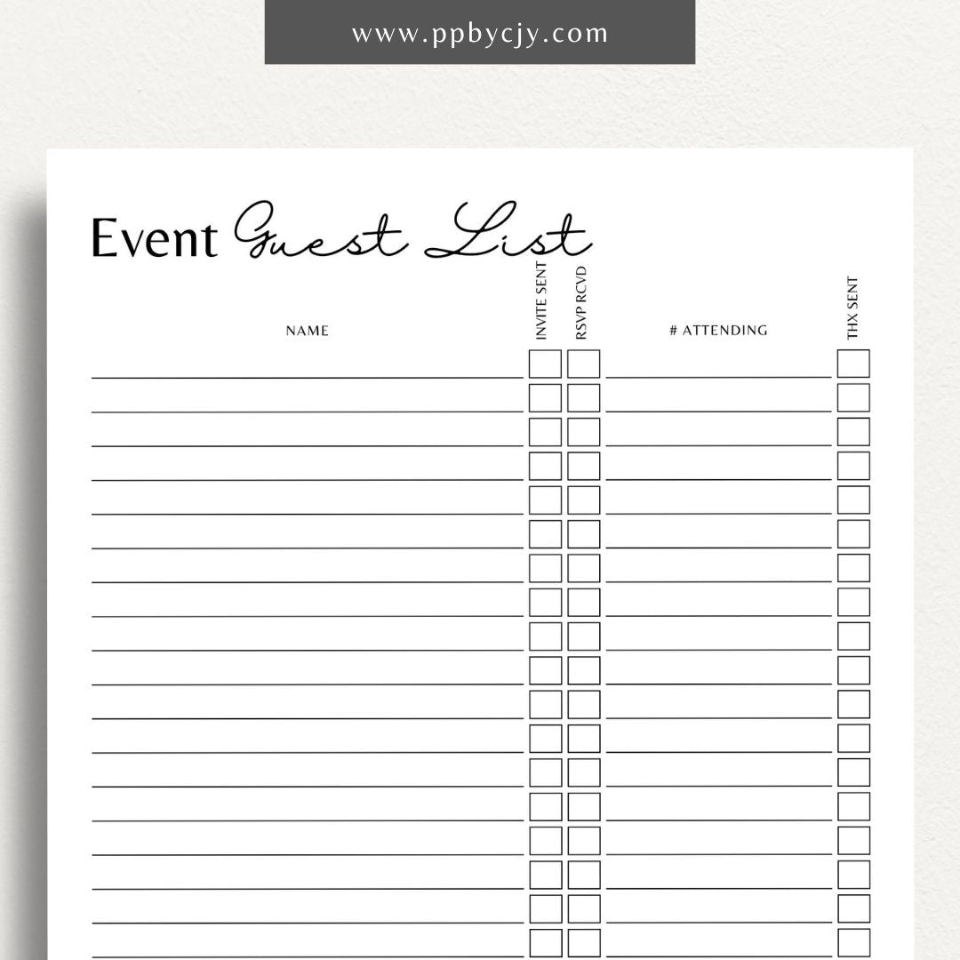 Event Guest RSVP List Printable Template – Digital Download for Tracking Guest Responses with sections for names, contact information, RSVP status, and special requests.