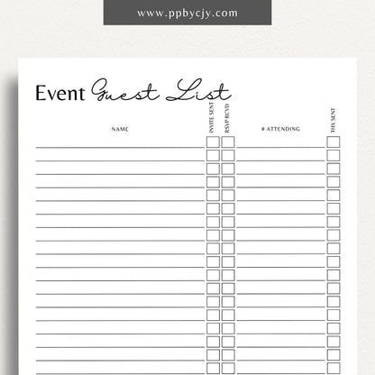 Event Guest RSVP List Printable Template – Digital Download for Tracking Guest Responses with sections for names, contact information, RSVP status, and special requests.