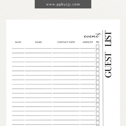 Event Guest RSVP List Printable Template – Digital Download for Tracking Guest Responses with sections for names, contact information, RSVP status, and special requests.