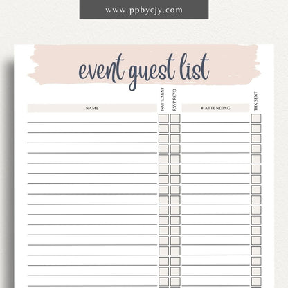 Event Guest RSVP List Printable Template – Digital Download for Tracking Guest Responses with sections for names, contact information, RSVP status, and special requests.