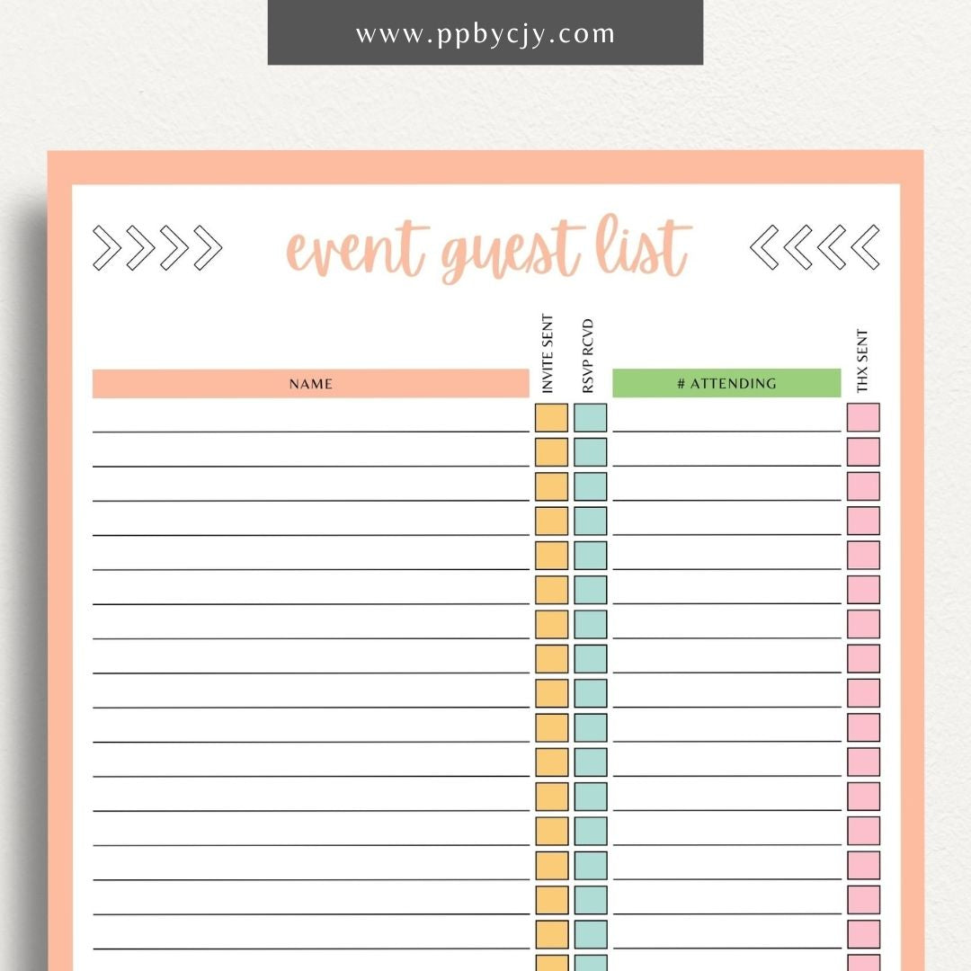 Event Guest RSVP List Printable Template – Digital Download for Tracking Guest Responses with sections for names, contact information, RSVP status, and special requests.