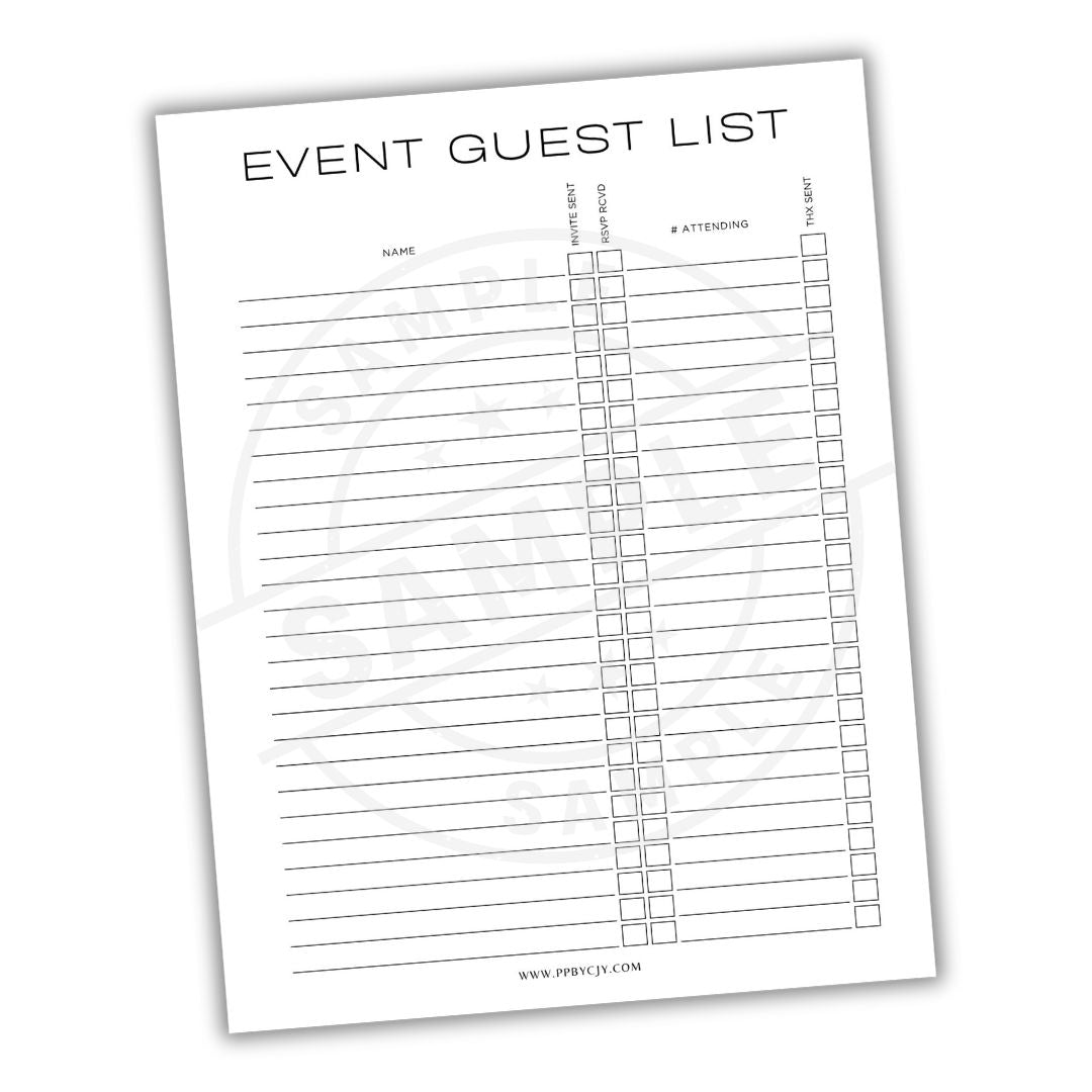 Event guest list sheet with columns for name and attendance on a white background