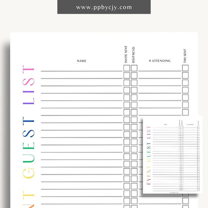 Event Guest RSVP List Printable Template – Digital Download for Tracking Guest Responses with sections for names, contact information, RSVP status, and special requests.