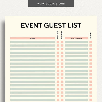 Event Guest RSVP List Printable Template – Digital Download for Tracking Guest Responses with sections for names, contact information, RSVP status, and special requests.