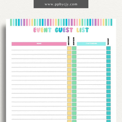 Event Guest RSVP List Printable Template – Digital Download for Tracking Guest Responses with sections for names, contact information, RSVP status, and special requests.