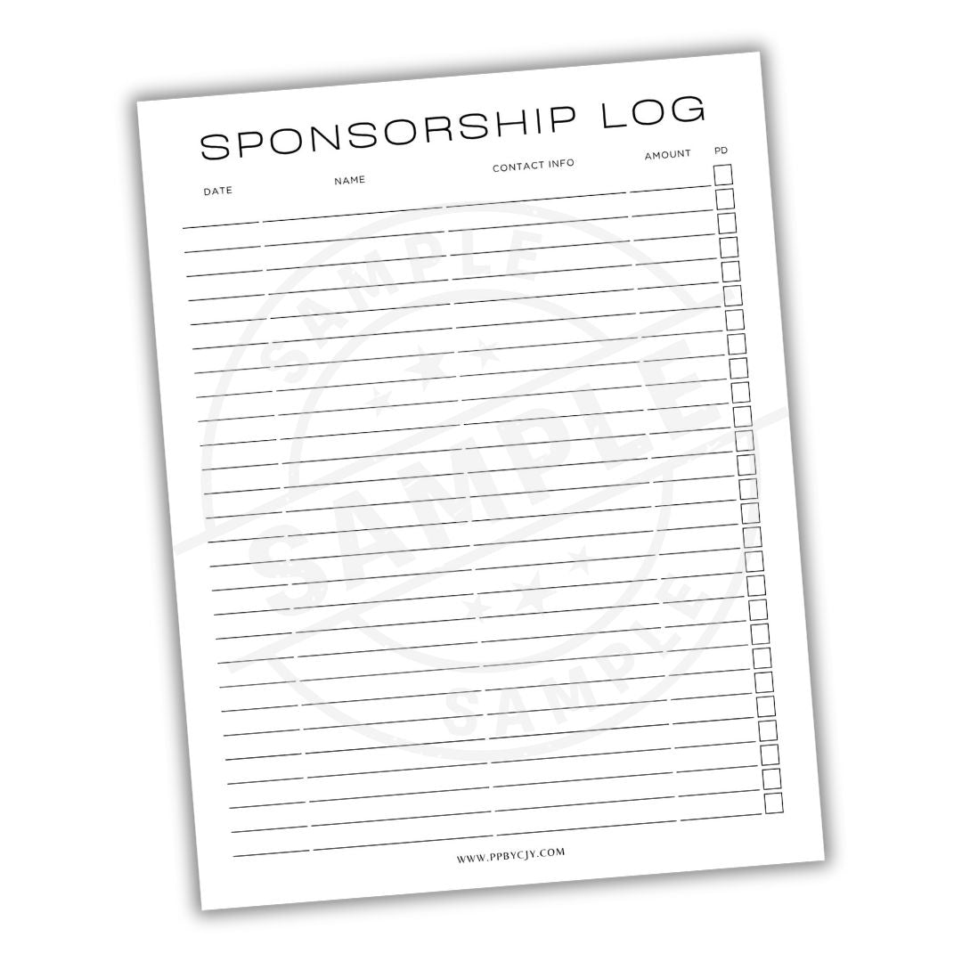 Sponsorship log sheet with columns for date, name, contact info, and amount on a white background.