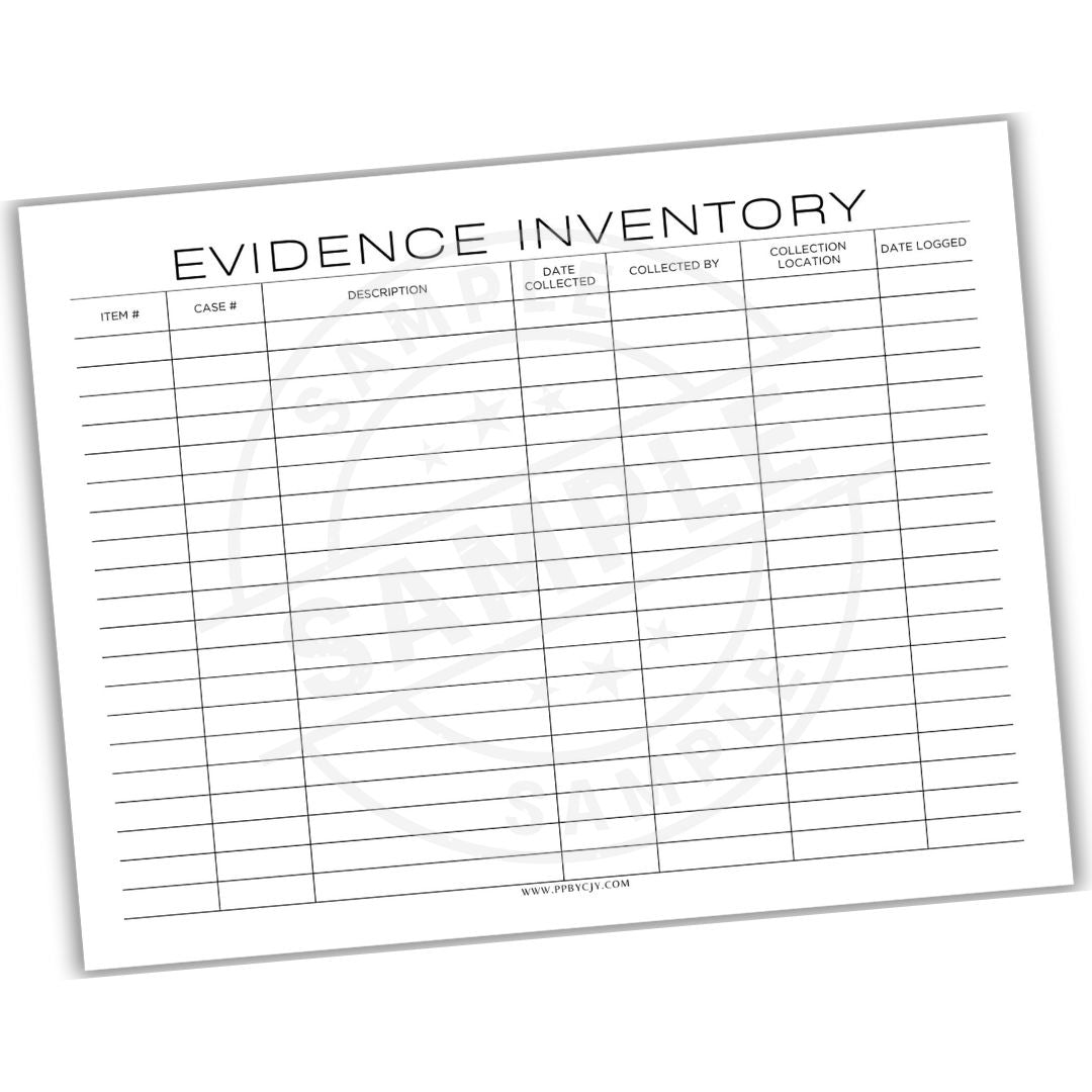 Evidence inventory form on a white background