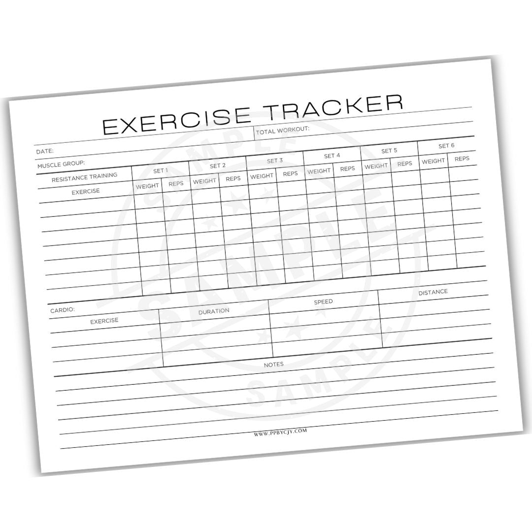 Exercise tracker sheet with columns for workout details on a white background