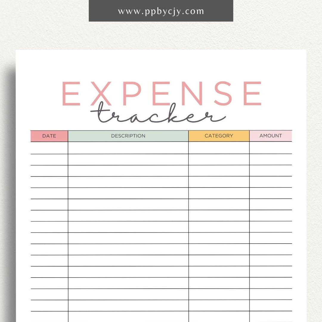 Expense Spending Tracker Printable Template – Digital Download for Monitoring Expenses with sections for categories, amounts, dates, and notes to help manage and review spending habits.